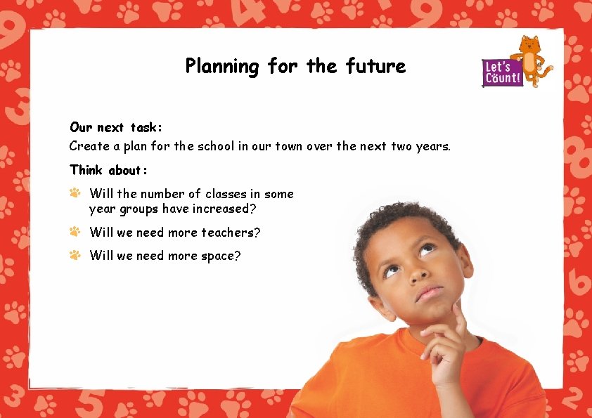 Planning for the future Our next task: Create a plan for the school in