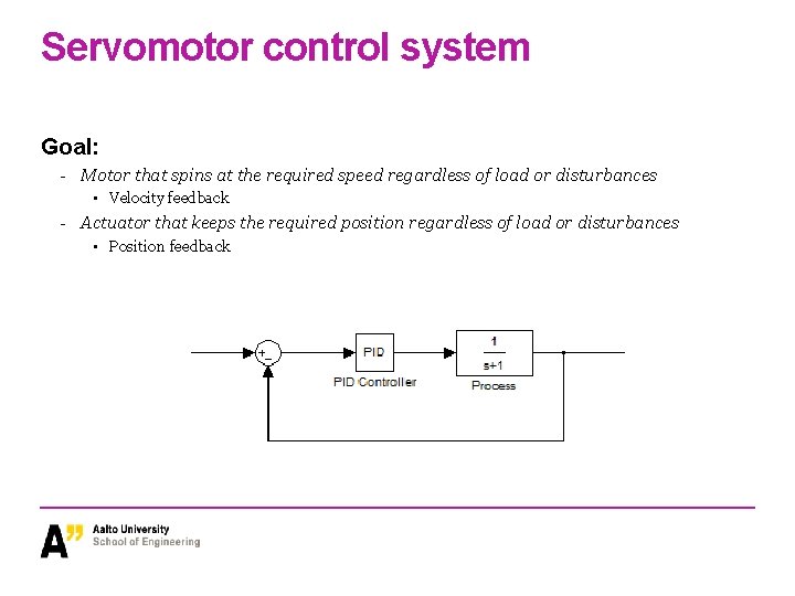 Servomotor control system Goal: - Motor that spins at the required speed regardless of