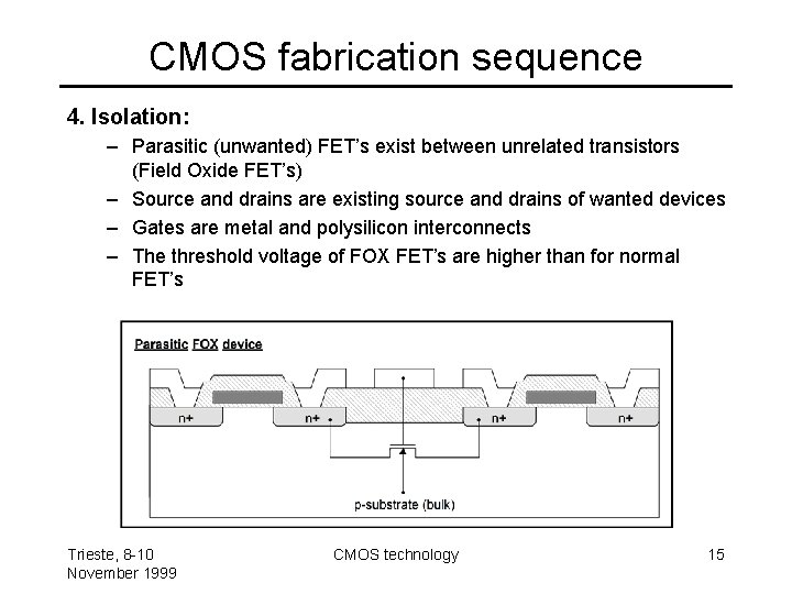 CMOS fabrication sequence 4. Isolation: – Parasitic (unwanted) FET’s exist between unrelated transistors (Field