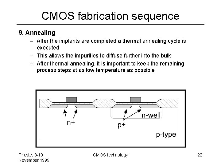 CMOS fabrication sequence 9. Annealing – After the implants are completed a thermal annealing