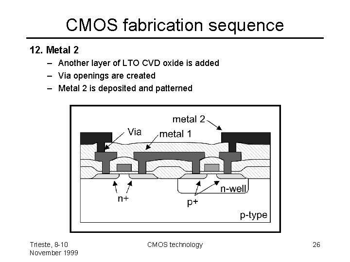 CMOS fabrication sequence 12. Metal 2 – Another layer of LTO CVD oxide is