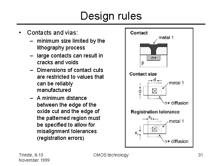 Design rules • Contacts and vias: – minimum size limited by the lithography process