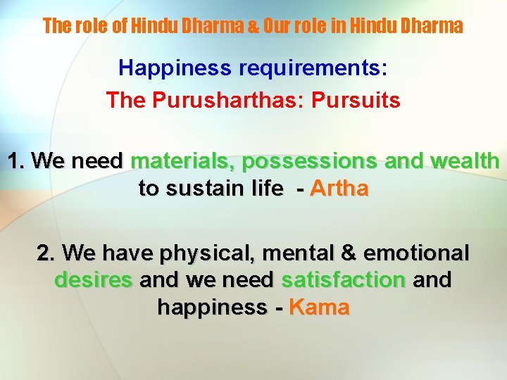 The role of Hindu Dharma & Our role in Hindu Dharma Happiness requirements: The