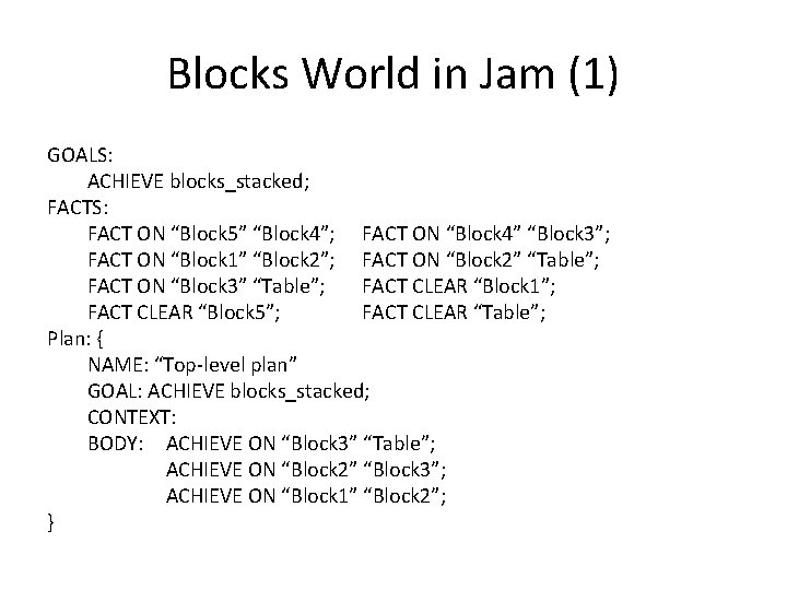 Blocks World in Jam (1) GOALS: ACHIEVE blocks_stacked; FACTS: FACT ON “Block 5” “Block Blocks World in Jam (1) GOALS: ACHIEVE blocks_stacked; FACTS: FACT ON “Block 5” “Block