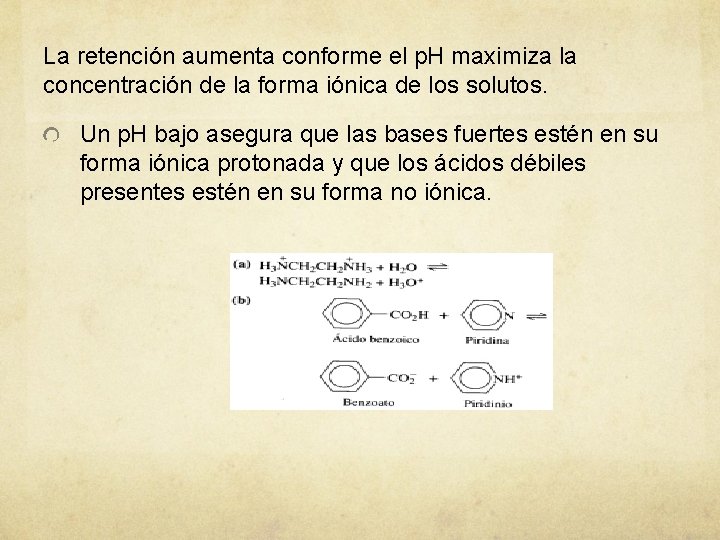 La retención aumenta conforme el p. H maximiza la concentración de la forma iónica