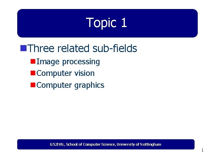 Topic 1 n. Three related sub-fields n Image processing n Computer vision n Computer