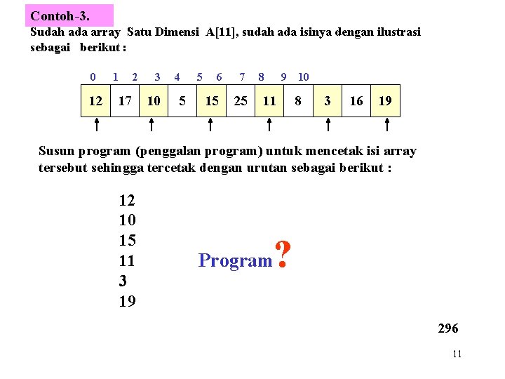 Contoh-3. Sudah ada array Satu Dimensi A[11], sudah ada isinya dengan ilustrasi sebagai berikut