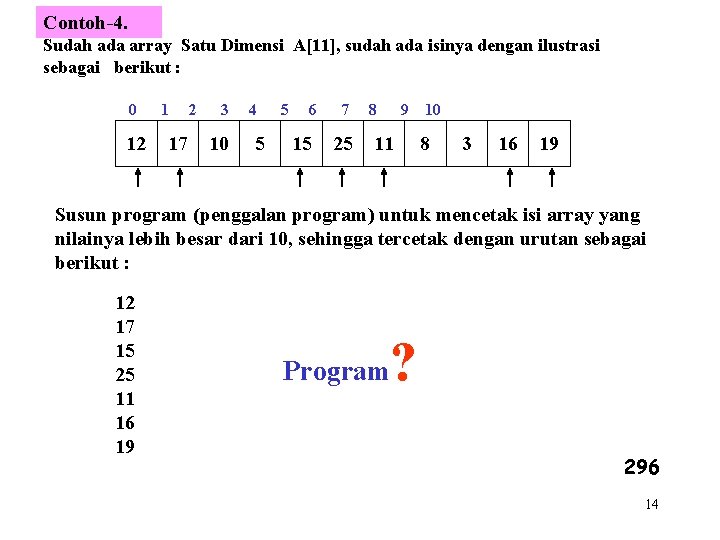 Contoh-4. Sudah ada array Satu Dimensi A[11], sudah ada isinya dengan ilustrasi sebagai berikut