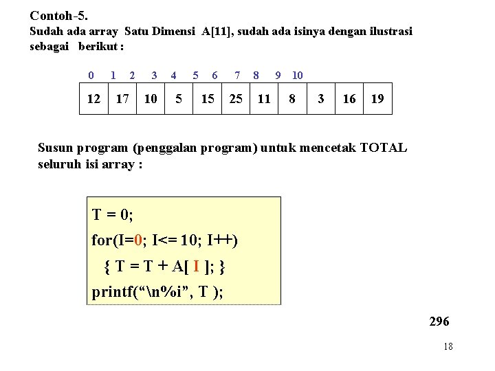 Contoh-5. Sudah ada array Satu Dimensi A[11], sudah ada isinya dengan ilustrasi sebagai berikut