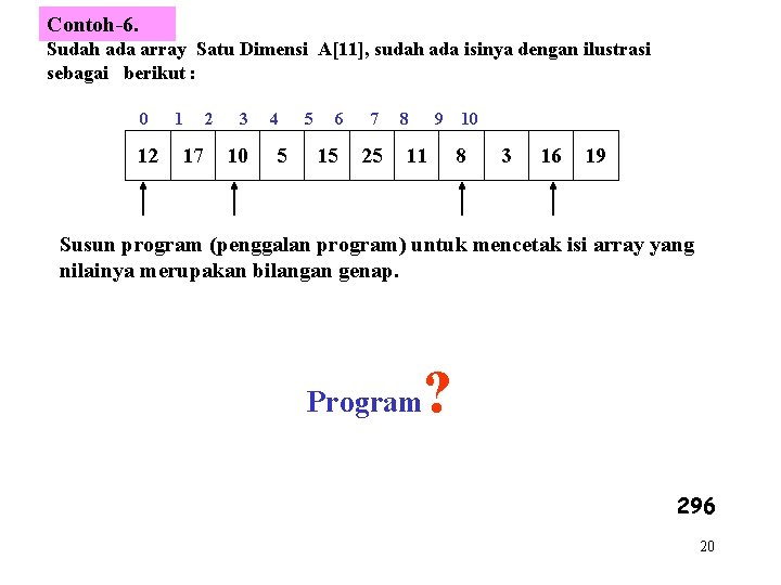 Contoh-6. Sudah ada array Satu Dimensi A[11], sudah ada isinya dengan ilustrasi sebagai berikut