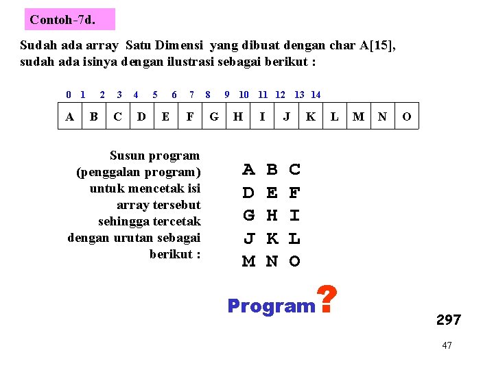 Contoh-7 d. Sudah ada array Satu Dimensi yang dibuat dengan char A[15], sudah ada