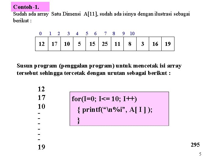 Contoh-1. Sudah ada array Satu Dimensi A[11], sudah ada isinya dengan ilustrasi sebagai berikut