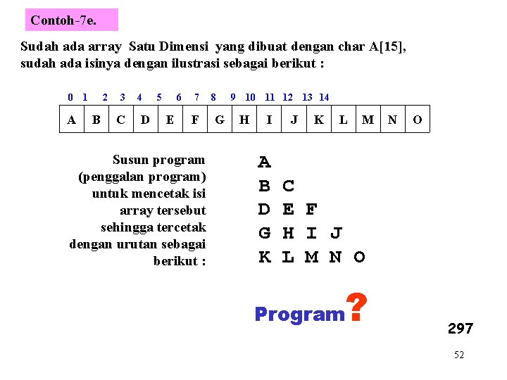 Contoh-7 e. Sudah ada array Satu Dimensi yang dibuat dengan char A[15], sudah ada