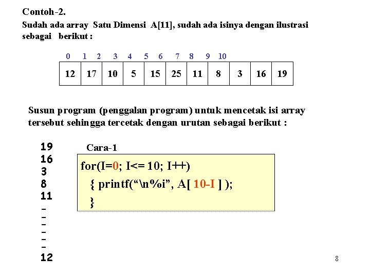 Contoh-2. Sudah ada array Satu Dimensi A[11], sudah ada isinya dengan ilustrasi sebagai berikut