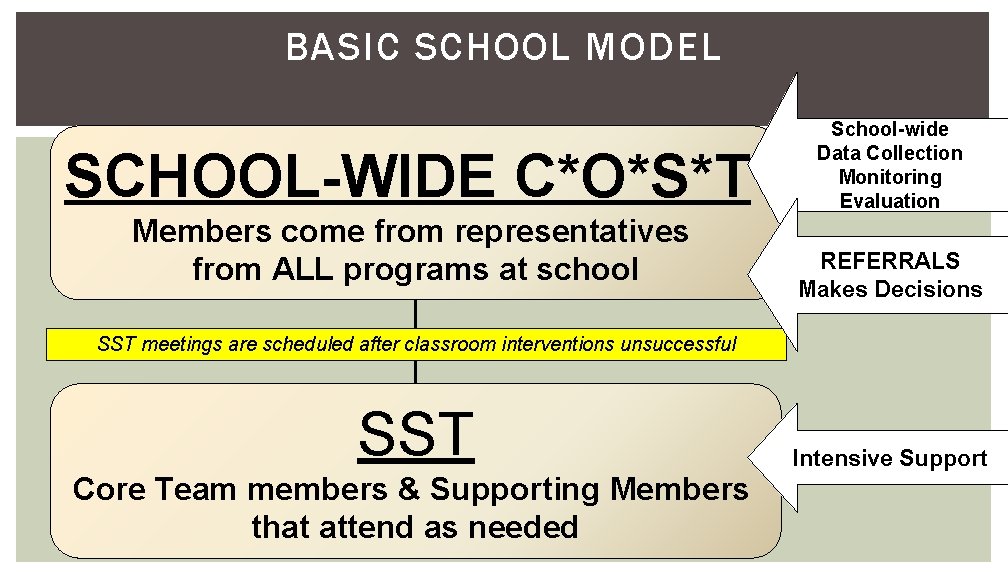 BASIC SCHOOL MODEL SCHOOL-WIDE C*O*S*T Members come from representatives from ALL programs at school