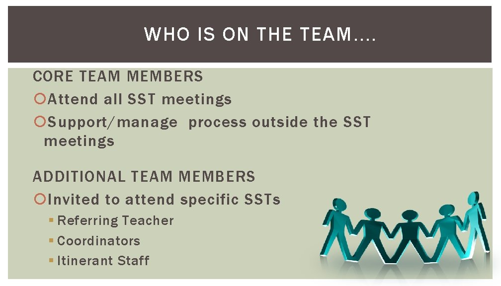 WHO IS ON THE TEAM. . CORE TEAM MEMBERS Attend all SST meetings Support/manage