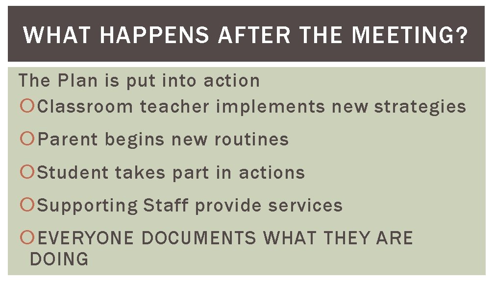 WHAT HAPPENS AFTER THE MEETING? The Plan is put into action Classroom teacher implements