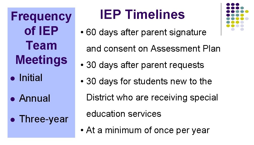 Frequency of IEP Team Meetings IEP Timelines • 60 days after parent signature and