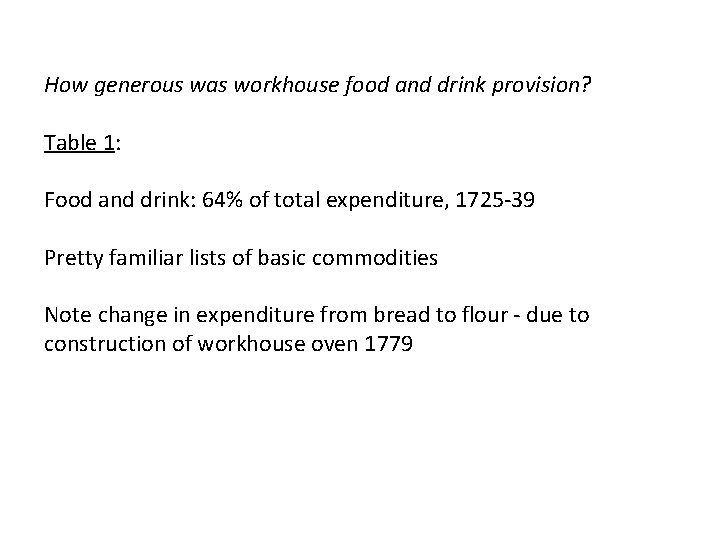 How generous was workhouse food and drink provision? Table 1: Food and drink: 64%