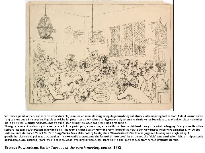 Vestrymen, parish officers, and others surround a table, some seated some standing, savagely gormandizing