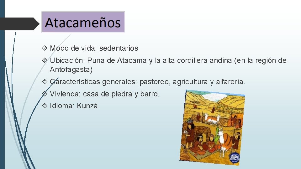  Modo de vida: sedentarios Ubicación: Puna de Atacama y la alta cordillera andina