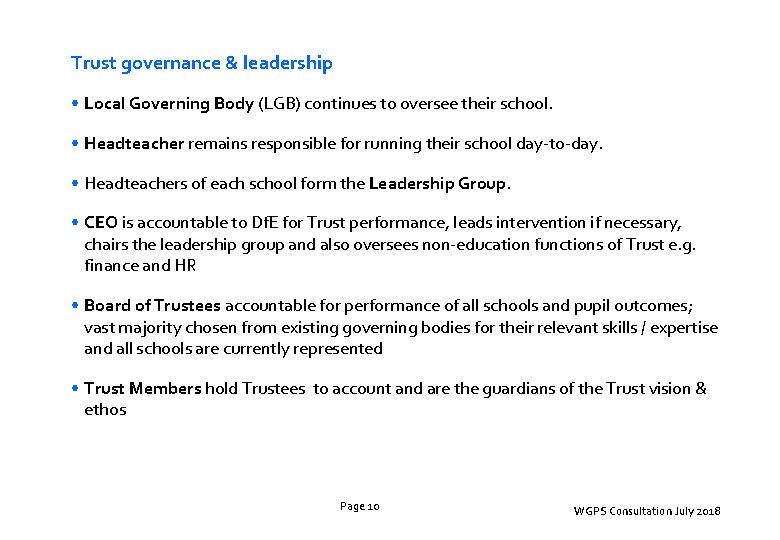 Trust governance & leadership • Local Governing Body (LGB) continues to oversee their school.