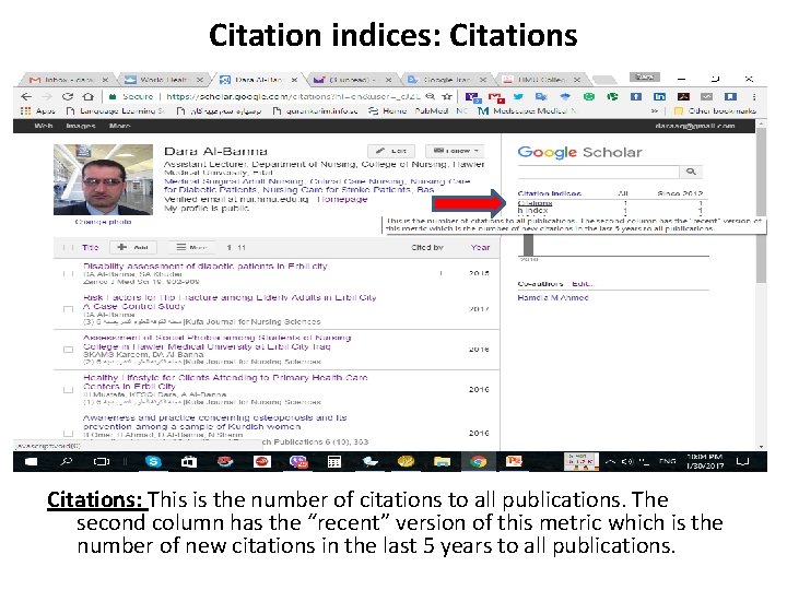 Citation indices: Citations: This is the number of citations to all publications. The second