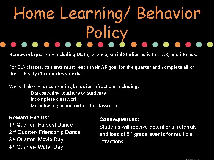Home Learning/ Behavior Policy Homework quarterly including Math, Science, Social Studies activities, AR, and