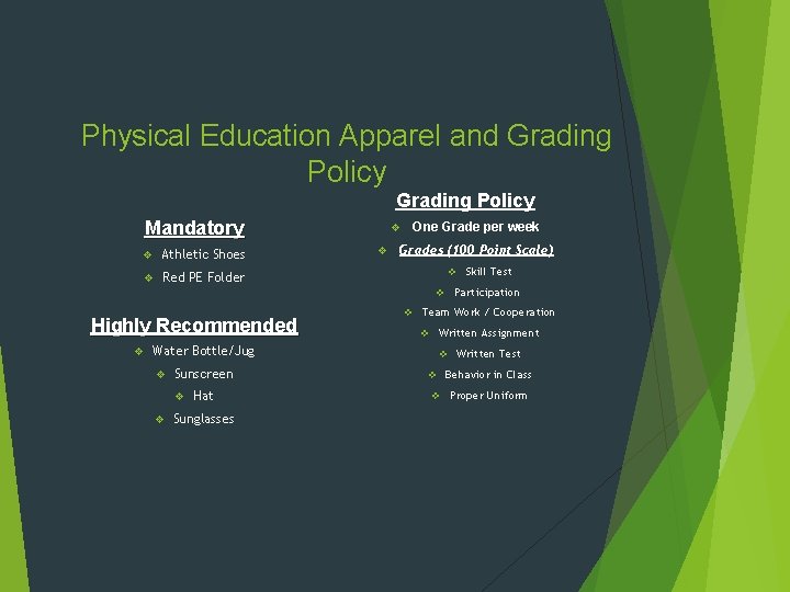 Physical Education Apparel and Grading Policy Mandatory v Athletic Shoes One Grade per week