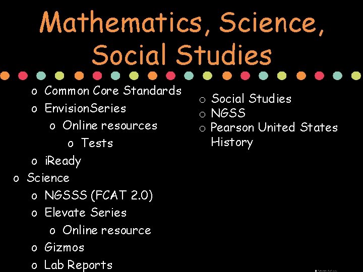 Mathematics, Science, Social Studies o Common Core Standards o Envision. Series o Online resources