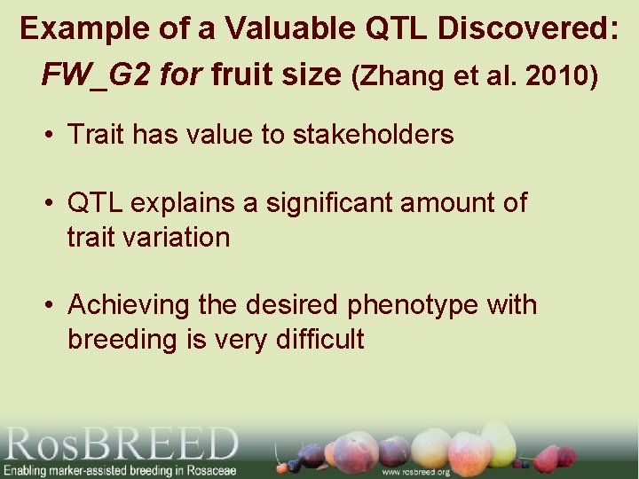 Example of a Valuable QTL Discovered: FW_G 2 for fruit size (Zhang et al.