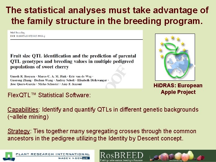 The statistical analyses must take advantage of the family structure in the breeding program.