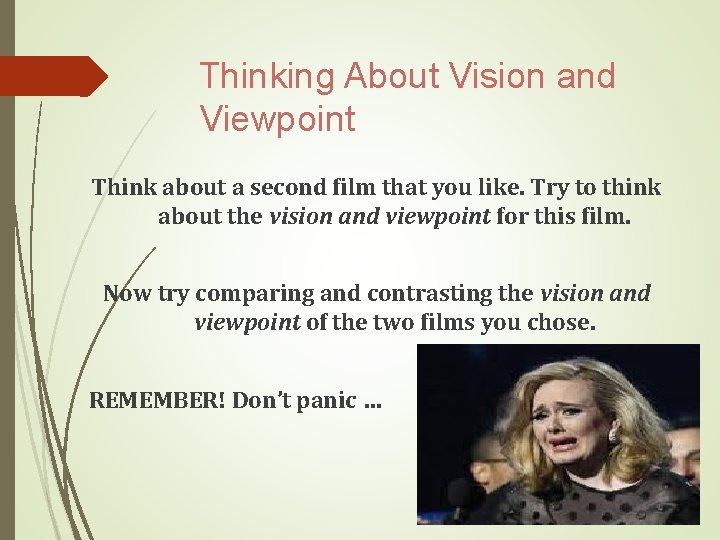 Thinking About Vision and Viewpoint Think about a second film that you like. Try