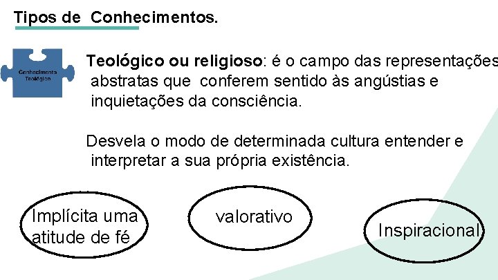 Tipos de Conhecimentos. Teológico ou religioso: é o campo das representações abstratas que conferem