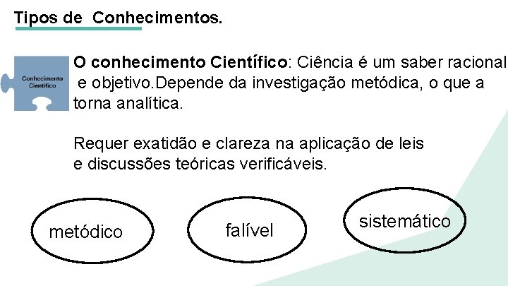 Tipos de Conhecimentos. O conhecimento Científico: Ciência é um saber racional e objetivo. Depende