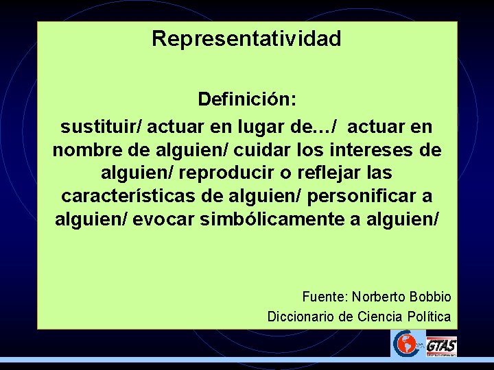 Representatividad Definición: sustituir/ actuar en lugar de…/ actuar en nombre de alguien/ cuidar los