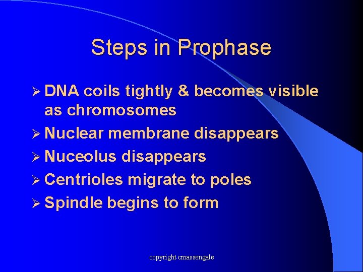 Steps in Prophase Ø DNA coils tightly & becomes visible as chromosomes Ø Nuclear