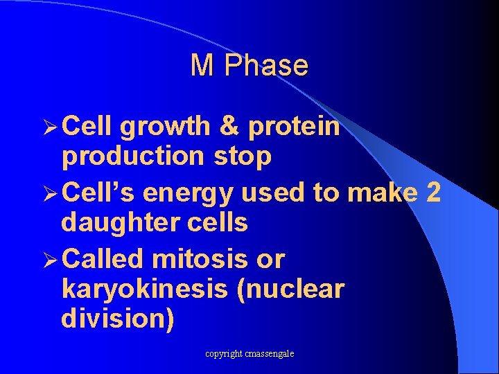 M Phase Ø Cell growth & protein production stop Ø Cell’s energy used to