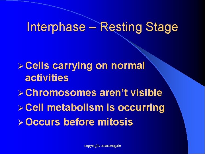 Interphase – Resting Stage Ø Cells carrying on normal activities Ø Chromosomes aren’t visible