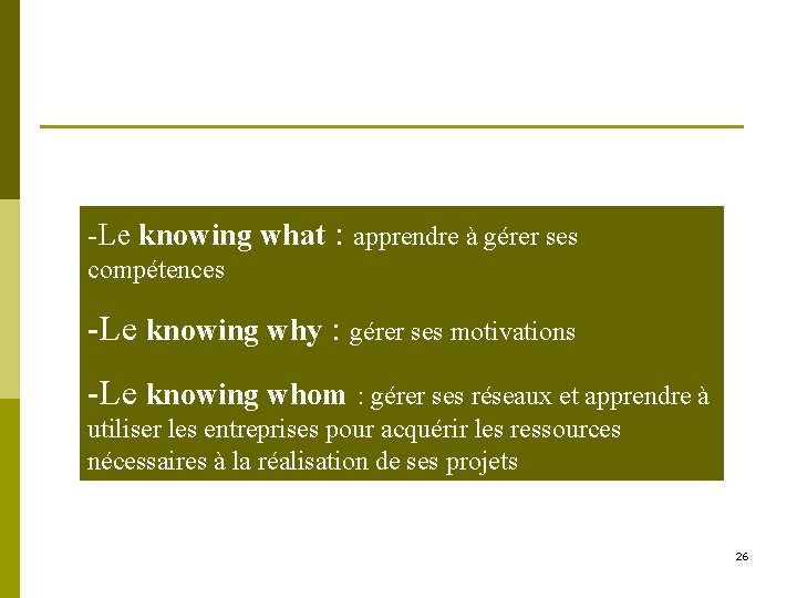 -Le knowing what : apprendre à gérer ses compétences -Le knowing why : gérer