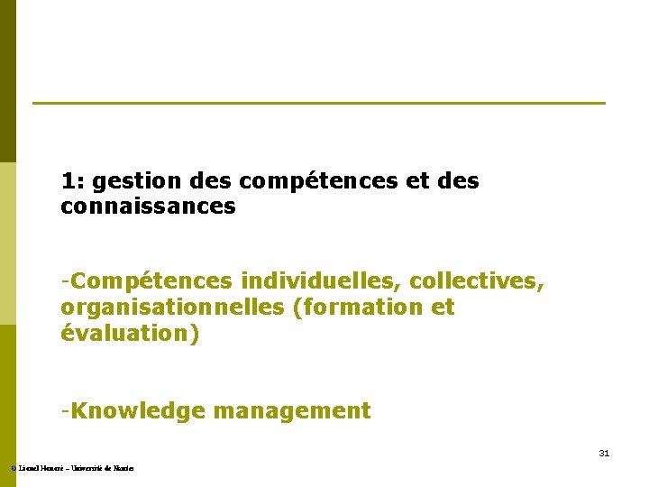 1: gestion des compétences et des connaissances -Compétences individuelles, collectives, organisationnelles (formation et évaluation)