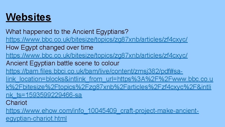 Websites What happened to the Ancient Egyptians? https: //www. bbc. co. uk/bitesize/topics/zg 87 xnb/articles/zf