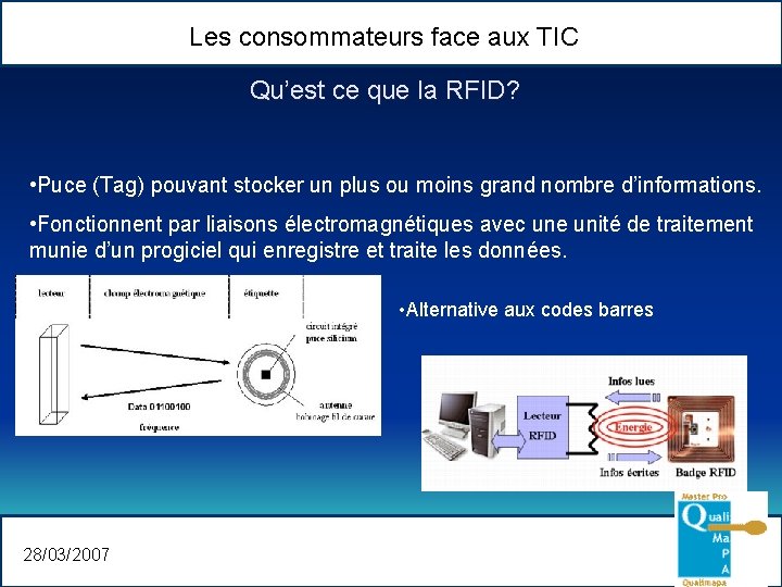 Les consommateurs face aux TIC Qu’est ce que la RFID? • Puce (Tag) pouvant