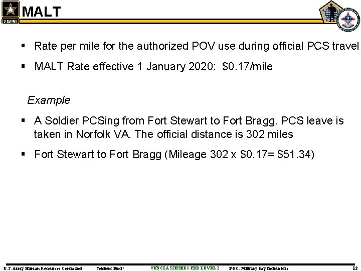 MALT § Rate per mile for the authorized POV use during official PCS travel