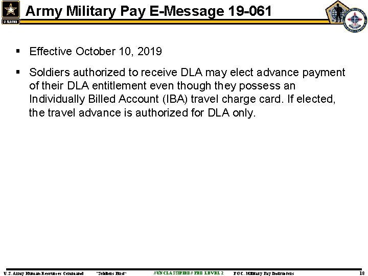 Army Military Pay E-Message 19 -061 § Effective October 10, 2019 § Soldiers authorized