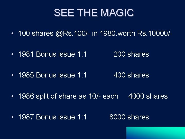 SEE THE MAGIC • 100 shares @Rs. 100/- in 1980. worth Rs. 10000/ •