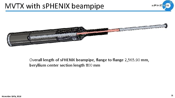 MVTX with s. PHENIX beampipe Overall length of s. PHENIX beampipe, flange to flange