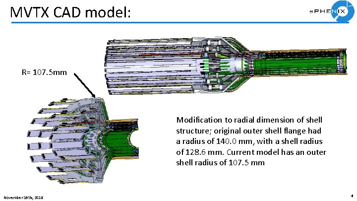 MVTX CAD model: R= 107. 5 mm Modification to radial dimension of shell structure;