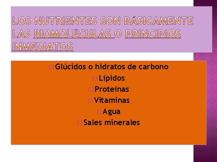 � Glúcidos o hidratos de carbono � Lípidos � Proteínas � Vitaminas � Agua