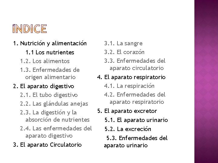 3. 1. La sangre 1. Nutrición y alimentación 3. 2. El corazón 1. 1